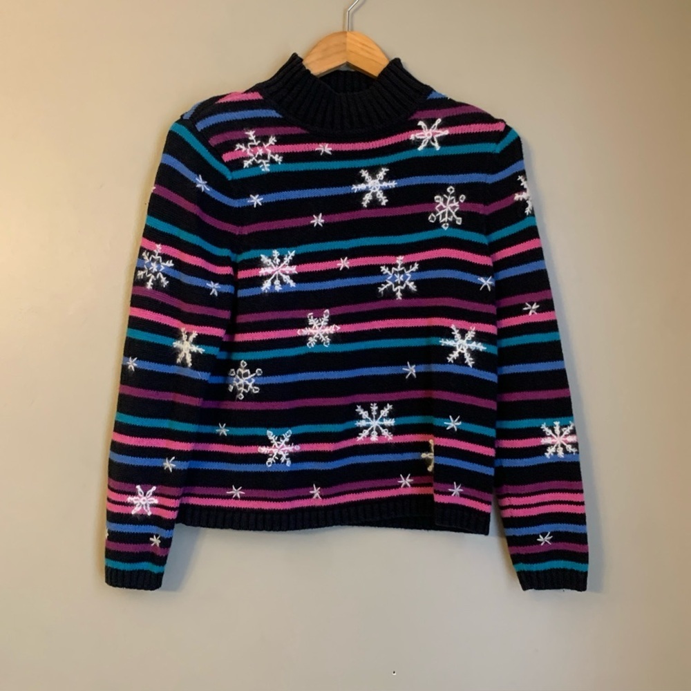 Christopher & Banks women's M black rainbow stripe snowflake mock neck sweater
